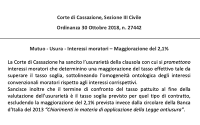 Usura e interessi moratori – Cassazione sez. III Civile ordinanza n. 27442