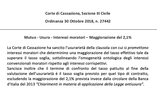 Usura e interessi moratori – Cassazione sez. III Civile ordinanza n. 27442