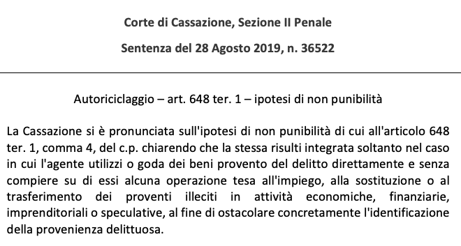 Riciclaggio – Cassazione Sez. II Penale, sentenza n. 36522/2019