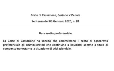 Bancarotta preferenziale – Cassazione Sez. V Penale, sentenza n. 81/2020