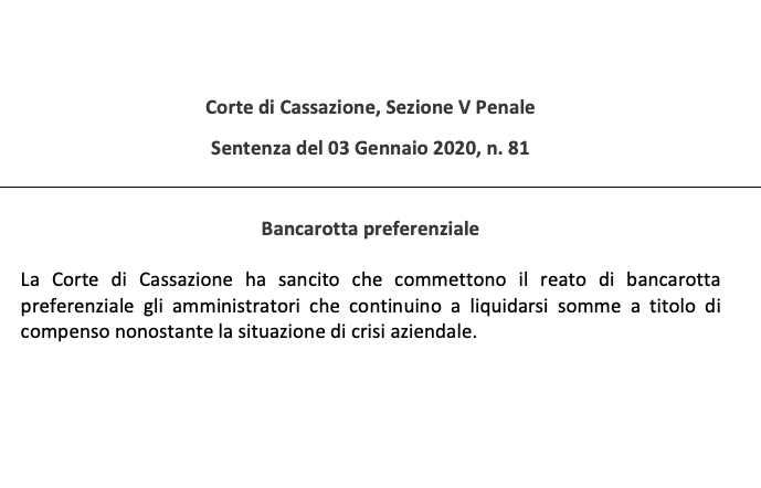 Bancarotta preferenziale – Cassazione Sez. V Penale, sentenza n. 81/2020