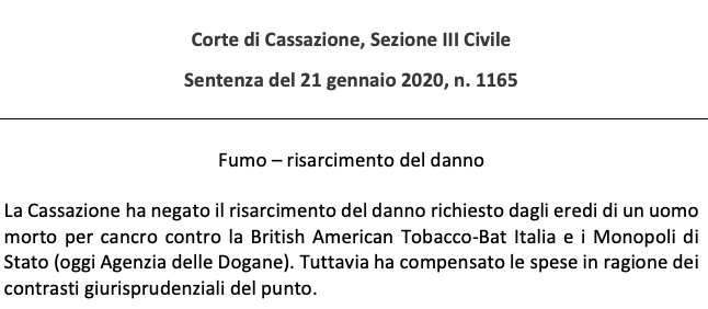 Fumo e risarcimento del danno – Cassazione sez. III Civile, sentenza n. 1165/2020