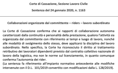 Caso Foodora – Cassazione sez. L. Civile, sentenza n. 1163/2020