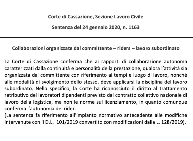 Caso Foodora – Cassazione sez. L. Civile, sentenza n. 1163/2020